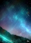  alu.m_(alpcmas) aurora dark dutch_angle highres hill lake lens_flare meteor_shower night night_sky no_humans original scenery shooting_star signature sky star_(sky) starry_sky water 