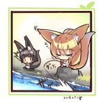  /\/\/\ 2girls :&lt; animal_ears bangs barefoot black_hair blonde_hair blush_stickers chibi closed_mouth dated day dress eyebrows_visible_through_hair fishing fishing_line fishing_rod fox_ears fox_girl fox_tail hair_between_eyes holding holding_fishing_rod long_hair multiple_girls original outdoors parted_lips river rock sitting sleeping sleeveless sleeveless_dress standing tail triangle_mouth very_long_hair white_dress yuuji_(yukimimi) 