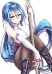  1girl artist_request blue_hair breasts character_request copyright_request detached_sleeves glasses highres leggings long_hair smile staff 
