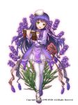  1girl book dress flower flower_knight_girl green_eyes hat lavender_(flower) lavender_(flower_knight_girl) long_hair looking_at_viewer nakaishow open_book open_mouth purple_hair solo thigh-highs walking watermark white_background white_legwear 