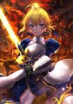  1girl ahoge armor armored_dress artoria_pendragon_(all) blonde_hair breastplate commentary_request excalibur fate/stay_night fate_(series) gauntlets green_eyes hair_bun highres holding korean kyjsogom looking_at_viewer saber solo sword unlimited_blade_works watermark weapon web_address 