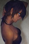  1girl black_hair blue_eyes breasts choker cleavage commentary_request cowboy_shot earrings facial_mark from_side hand_behind_head hand_in_hair highres jewelry looking_at_viewer original profile short_hair shoulder_tattoo spade-m standing tan tattoo upper_body 