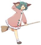  &gt;:d 1girl ahoge animal_ears blush broom full_body green_eyes green_hair highres holding holding_broom kasodani_kyouko long_sleeves sasa_kichi short_hair simple_background solo standing standing_on_one_leg touhou wavy_hair white_background 