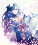  1girl arms_at_sides blue_eyes blue_hair blurry blurry_background breasts cleavage dress garchomp hair_ornament jewelry long_hair long_sleeves moe_(hamhamham) necklace personification petals pokemon solo standing 