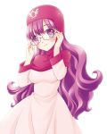  1girl breasts commentary_request curly_hair dragon_quest dragon_quest_ii dress glasses hood kichijou_agata long_hair medium_breasts princess_of_moonbrook purple_hair robe solo white_dress 