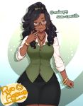  1girl agawa_ryou artist_name black_hair bow bracelet breasts brown_eyes cleavage commentary curvy dark_skin glasses green_bow hair_bow jewelry large_breasts long_hair mole mole_under_eye nail_polish necklace original signature skirt solo thick_thighs thighs wide_hips 