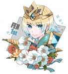  1girl blonde_hair blue_eyes blue_hair crown earrings feather_trim fire_emblem fire_emblem_heroes fjorm_(fire_emblem_heroes) flower gradient_hair highres jewelry looking_at_viewer multicolored_hair short_hair simple_background smile solo 