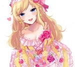  1girl :d asagimu_(tsuktsuk) bare_shoulders blonde_hair blue_eyes blush bouquet breasts cleavage dress dutch_angle earrings flower frilled_dress frills hair_ribbon heart idolmaster idolmaster_cinderella_girls jewelry large_breasts long_hair looking_at_viewer ootsuki_yui open_mouth pink_dress ribbon rose smile solo 