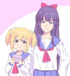  2girls :3 bangs blouse blue_eyes blush bow closed_mouth eyebrows_visible_through_hair hair_bow hair_ornament hair_scrunchie height_difference holding holding_letter imamiyajet letter long_hair long_sleeves looking_at_viewer love_letter multiple_girls neckerchief pipimi poptepipic popuko purple_hair red_bow red_neckwear sailor_collar scrunchie shirt short_hair two-tone_background upper_body white_background white_shirt yellow_eyes yellow_scrunchie 