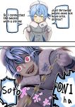  1girl 2koma blue_hair comic commentary english gloves glowing glowing_eyes kantai_collection misumi_(niku-kyu) red_eyes sado_(kantai_collection) setsubun sharp_teeth smile teeth white_gloves 