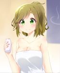  1girl agung_syaeful_anwar bangs blurry blurry_background blush bottle breasts brown_hair cleavage closed_mouth collarbone commentary depth_of_field eyebrows_visible_through_hair fang fang_out green_eyes high_ponytail holding holding_bottle inuyama_aoi large_breasts milk_bottle naked_towel onsen_symbol ponytail solo thick_eyebrows towel yurucamp 