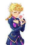  1girl androgynous blonde_hair blue_skirt braid breasts cleavage_cutout contrapposto cowboy_shot curly_hair flower genderswap genderswap_(mtf) giorno_giovanna hand_up heart_cutout highres jojo_no_kimyou_na_bouken kotatsu_(g-rough) long_hair long_sleeves looking_at_viewer parted_lips petals pink_flower pink_rose pleated_skirt rose rose_petals simple_background single_braid skirt small_breasts solo vento_aureo white_background yellow_eyes 