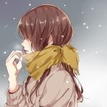  1girl adjusting_scarf blush breath brown_sweater enpera from_side gradient gradient_background grey_background hair_over_eyes lips long_hair long_sleeves nose_blush open_mouth original profile scarf shiny shiny_hair snowing solo upper_body winter yamasuta yellow_scarf 