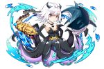  bare_shoulders black_gloves breasts cleavage ddoalo dragon_egg eel elbow_gloves frown full_body gloves hands_on_hips highres horns jewelry looking_at_viewer medium_breasts monster_girl necklace open_mouth scylla shark short_hair tentacle violet_eyes water white_hair 