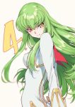  1girl arms_behind_back bodysuit c.c. code_geass cowboy_shot creayus green_hair long_hair looking_at_viewer number simple_background smile solo white_background white_bodysuit yellow_eyes 