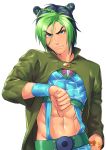  1boy abs angry belt blue_hair blue_shirt braid clenched_teeth coat contrapposto cowboy_shot double_bun eyebrows_visible_through_hair frown genderswap genderswap_(ftm) green_coat green_eyes green_hair highres jojo_no_kimyou_na_bouken kotatsu_(g-rough) kuujou_jolyne looking_at_viewer male_focus multicolored_hair navel shirt simple_background solo stone_ocean teeth thumbs_down white_background 