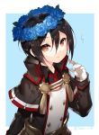  1girl bangs black_capelet black_hair black_jacket blue_background blue_flower brown_eyes capelet eyebrows_visible_through_hair flower flower_wreath gloves hair_between_eyes head_wreath jacket long_sleeves looking_at_viewer meleph_(xenoblade) military military_jacket military_uniform necktie parted_lips red_neckwear saru solo twitter_username two-tone_background uniform upper_body white_background white_gloves xenoblade xenoblade_2 