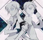  androgynous antarcticite artist_request back-to-back blue_eyes cairngorm_(houseki_no_kuni) frown gem_uniform_(houseki_no_kuni) gloves houseki_no_kuni looking_at_another necktie short_hair upper_body white_hair 