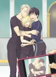  3boys ^_^ black_hair blonde_hair blue_eyes blush boy_sandwich cellphone closed_eyes green_eyes hair_over_one_eye hug jewelry katsuki_yuuri male_focus multiple_boys one_eye_closed open_mouth phone pov pov_hands revision ring sandwiched silver_hair smartphone smile viktor_nikiforov yuri!!!_on_ice yuri_plisetsky yuuhei 