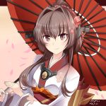  1girl brown_eyes brown_hair cherry_blossoms commentary_request dated headgear hebitsukai-san highres japanese_clothes kantai_collection kimono long_hair oriental_umbrella ponytail red_umbrella smile solo twitter_username umbrella upper_body very_long_hair yamato_(kantai_collection) 