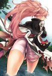  1girl ass baiken breasts from_behind guilty_gear highres jako_(toyprn) japanese_clothes kimono long_hair partially_submerged pink_hair sarashi scar scar_across_eye sky sword thighs tree water weapon 