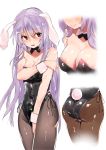  1girl alternate_costume animal_ears ass asuzemu bare_arms bare_shoulders black_bow bow breasts bunny_girl bunny_tail bunnysuit cleavage collarbone commentary_request covered_navel covering covering_breasts detached_collar embarrassed eyebrows_visible_through_hair highres large_breasts long_hair looking_at_viewer multiple_views neck_bow pantyhose parted_lips purple_hair rabbit_ears red_eyes reisen_udongein_inaba shiny shiny_clothes simple_background sweatdrop tail touhou very_long_hair white_background wrist_cuffs 