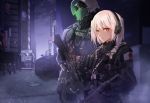  1boy 1girl absurdres assault_rifle body_armor camouflage cyberpunk cyborg earphones finger_on_trigger gloves gun highres lamppost looking_at_viewer microphone neon_lights original panamuru police red_eyes rifle serious weapon white_hair 