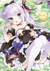  1girl animal_ears artist_name artist_request azur_lane bird blue_eyes blush bow cat_ears clover flat_chest four-leaf_clover hair_bow hammann_(azur_lane) highres holding_clover long_hair looking_at_viewer lying maid on_back on_grass on_ground scan silver_hair solo thigh-highs torpedo_tubes white_legwear 