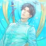  1boy blue_eyes brown_hair heshikiri_hasebe kamemushi katana looking_at_viewer scarf sheath sheathed solo sword touken_ranbu underwater weapon 