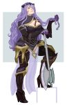  1girl axe breasts camilla_(fire_emblem_if) curly_hair fire_emblem fire_emblem_if gloves hair_over_one_eye highres holding holding_axe holding_weapon large_breasts long_hair looking_at_viewer purple_hair smile solo thigh-highs weapon 
