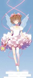  brown_hair card_captor_sakura green_eyes hair_bobbles hair_ornament hakusai_(tiahszld) kinomoto_sakura magical_girl short_hair wand wings 