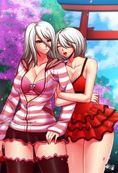  2girls arm_hug bra breasts casual cherry_blossoms cleavage couple date dating dress eyebrows_visible_through_hair hair_over_one_eye hood hoodie jadenkaiba multiple_girls nier_(series) nier_automata petals pink_bra red_dress short_dress short_hair shrine silver_hair skirt smile thigh-highs tree underwear unzipped yorha_no._2_type_b yorha_type_a_no._2 yuri 