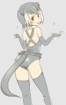 1girl 3gokusi bare_shoulders fingerless_gloves fur_collar gloves kemono_friends looking_back multicolored_hair one-piece_swimsuit otter_ears otter_tail short_hair small-clawed_otter_(kemono_friends) solo swimsuit tail thigh-highs v-shaped_eyebrows