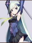  1girl arms_up brynhildr_(fate) fate/prototype fate/prototype:_fragments_of_blue_and_silver fate_(series) grey_background hair_ornament letterboxed long_hair looking_at_viewer pleated_skirt polearm simple_background skirt solo tenrai violet_eyes weapon white_hair 