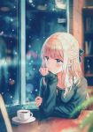  1girl absurdres bangs blonde_hair blue_eyes blue_ribbon blurry blush bokeh bra_strap cafe chair chin_rest coffee collarbone cup depth_of_field earrings elbows_on_table eyebrows_visible_through_hair hair_ribbon half_updo hand_on_own_arm hand_on_own_chin highres hiten_(hitenkei) indoors jewelry kagurazaka_reina long_hair long_sleeves looking_away looking_out_window looking_to_the_side off_shoulder original ribbon saucer scan sitting sleeves_past_wrists snow solo steam sweater table teacup upper_body window wistful 