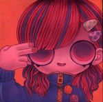  1girl fingernails hair_ornament icon jacket multicolored_hair natoyuka open_mouth orange_background original purple_hair red_eyes redhead simple_background smile solo tagme two-tone_hair zipper 