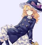  1girl blonde_hair boots bow braid broom broom_riding coat commentary_request forbidden_scrollery hat hat_bow kirisame_marisa legs_crossed light_smile long_sleeves looking_away petticoat side_braid single_braid solo touhou trench_coat turtleneck uranaishi_(miraura) witch_hat yellow_eyes 