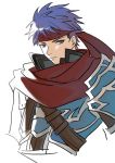  1boy armor belt blue_armor blue_eyes blue_hair cape collar fire_emblem fire_emblem:_akatsuki_no_megami fire_emblem:_souen_no_kiseki fire_emblem_heroes headband ike looking_at_viewer looking_away male_focus marth ragnell red_cape short_hair simple_background smile solo sword weapon 