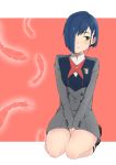  1girl absurdres asymmetrical_hair blue_hair blush brown_footwear darling_in_the_franxx feathers full_body green_eyes hair_ornament hair_over_one_eye hairclip highres hosh ichigo_(darling_in_the_franxx) long_sleeves looking_away looking_to_the_side seiza shoes short_hair sitting solo thighs uniform 