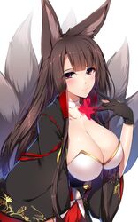  1girl akagi_(azur_lane) animal_ears azur_lane bangs black_gloves blunt_bangs blush breasts brown_hair choker cleavage fox_ears fox_tail gloves japanese_clothes large_breasts long_hair looking_at_viewer minamon_(vittel221) multiple_tails red_eyes sidelocks smile solo tail 