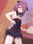  1girl bare_shoulders black_panties black_skirt blurry blurry_background book fate/grand_order fate_(series) flat_chest gluteal_fold helena_blavatsky_(fate/grand_order) highres indoors looking_at_viewer open_mouth panties papipana purple_hair skirt solo underwear violet_eyes 
