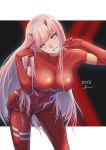  1girl 5555_96 aqua_eyes artist_name bodysuit breasts candy covered_navel darling_in_the_franxx food highres horns long_hair looking_at_viewer medium_breasts pink_hair red_bodysuit skin_tight solo very_long_hair zero_two_(darling_in_the_franxx) 