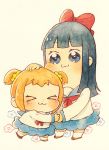  &gt;3&lt; 2girls :3 bangs bkub_(style) blouse blue_eyes blue_hair blue_sailor_collar blue_skirt blunt_bangs blush bow closed_eyes closed_mouth eyebrows_visible_through_hair flower full_body hair_bow hair_ornament hair_scrunchie hand_holding hand_on_another&#039;s_head long_hair long_sleeves looking_at_viewer momiji_(lucario) multiple_girls neckerchief parody pipimi poptepipic popuko red_bow red_neckwear sailor_collar scrunchie shirt short_hair skirt socks style_parody white_legwear white_shirt yellow_scrunchie 