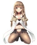  1girl bangs bare_shoulders blush breasts brown_eyes brown_hair cleavage expressionless eyebrows_visible_through_hair frontera girls_frontline hair_ornament hairclip k-2_(girls_frontline) kneeling large_breasts long_hair long_sleeves midriff miniskirt navel panties pantyhose side_ponytail sidelocks simple_background skirt solo spread_legs underwear white_background wing_collar 