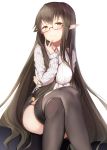  1girl bespectacled black_hair black_legwear breasts fate/apocrypha fate_(series) garter_straps glasses highres legs_crossed long_hair looking_at_viewer maosame pointy_ears semiramis_(fate) solo thigh-highs very_long_hair white_background yellow_eyes zettai_ryouiki 