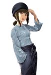  1girl alternate_costume aqua_eyes arm_up bangs beanie black_hat blue_shirt blush breasts buttons cowboy_shot denim eyebrows_visible_through_hair from_side fubuki_(kantai_collection) hair_tie hand_in_pocket hat highres kantai_collection long_hair long_sleeves looking_at_viewer looking_to_the_side low_ponytail o-ring shirt shirt_tucked_in sidelocks simple_background small_breasts solo standing striped striped_shirt vertical-striped_shirt vertical_stripes wa_(genryusui) white_background 
