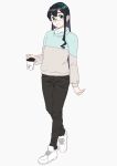  1girl alternate_costume black_hair black_pants blue_eyes full_body glasses hairband kantai_collection long_hair looking_at_viewer multicolored_sweater ojipon ooyodo_(kantai_collection) pants semi-rimless_eyewear shoes simple_background sneakers solo standing tumbler white_background white_footwear 