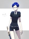  1boy black_legwear black_shorts cosplay glasses houseki_no_kuni lapis_lazuli_(houseki_no_kuni) lapis_lazuli_(houseki_no_kuni)_(cosplay) nao_(necomugi) short_shorts shorts solo standing sword tsukimoto_makoto weapon 