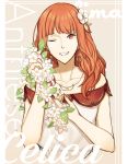  1girl absurdres celica_(fire_emblem) fire_emblem fire_emblem_echoes:_mou_hitori_no_eiyuuou fire_emblem_gaiden flower hakirino highres holding holding_flower jewelry looking_at_viewer necklace one_eye_closed portrait red_eyes redhead smile solo 