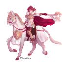  anna_(fire_emblem) armor axe breastplate fire_emblem fire_emblem_heroes gloves greaves holding holding_axe holding_weapon horse horseback_riding ponytail red_eyes redhead riding simple_background smile thigh-highs weapon white_background 